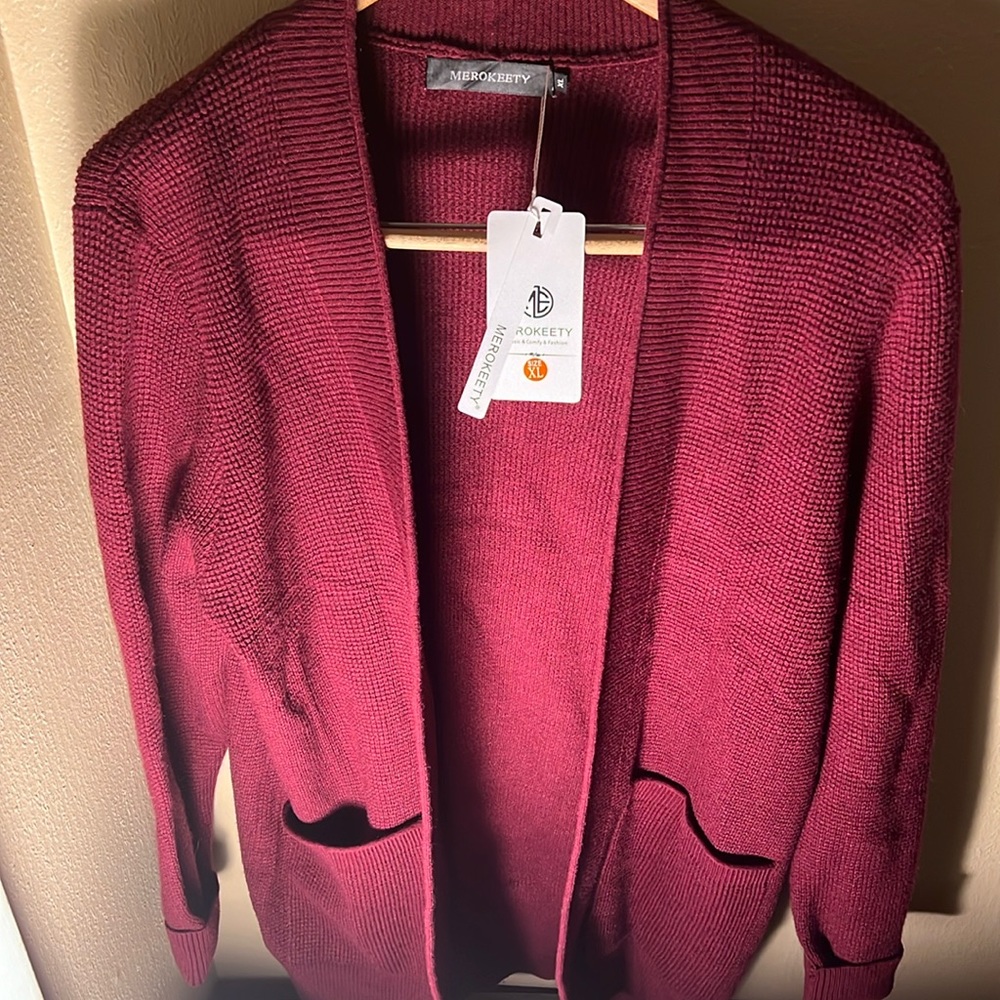 Meerokeety NWT Women’s LS Open Front Waffle Knit Cardigan Color Maroon Size XL